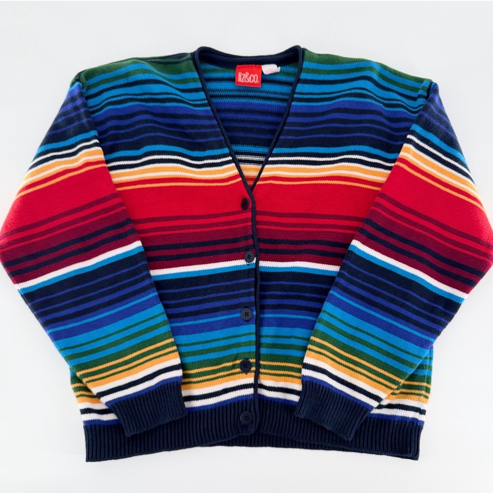 LIZ & CO. Vintage Rainbow Striped Cotton V Neck Button Front Cardigan Sweater